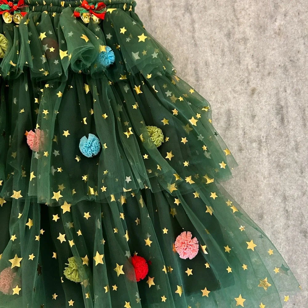 Festive Christmas Tree Costume Dress with Pom-Pom Ornaments